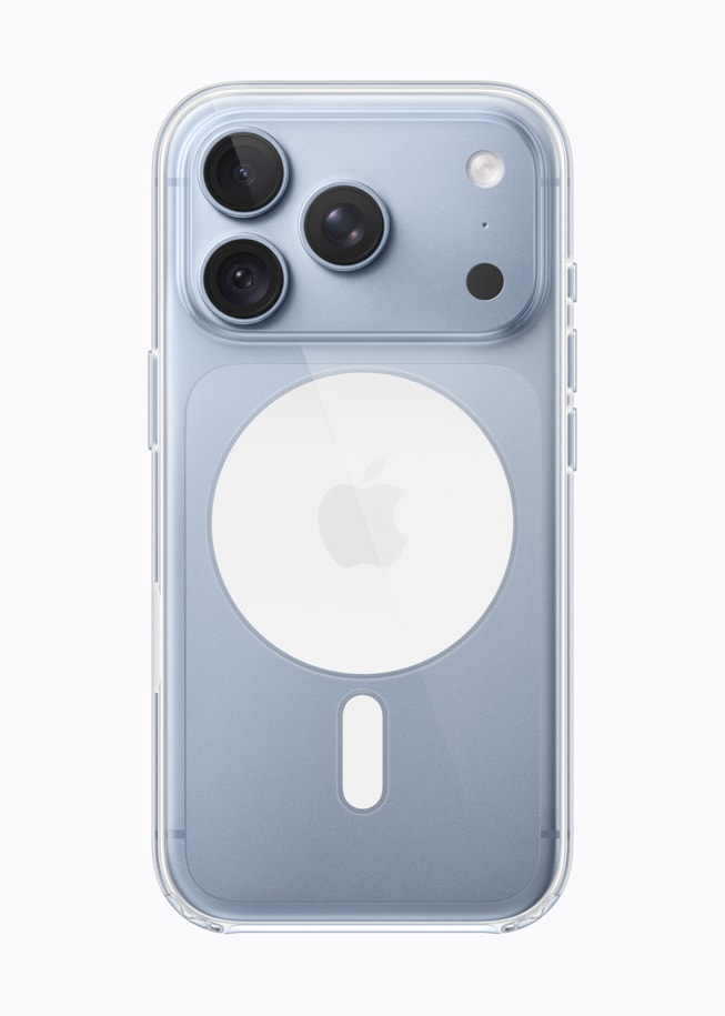 装在透明保护壳里的冰川蓝色 iPhone 18 Pro